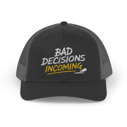 Woman wearing a black and charcoal curved trucker hat with embroidered text 'Bad Decisions Incoming'  funny Spring Break, Girls rips, Guys Trips, Beach Trips, Bachelor or Bachelorette design