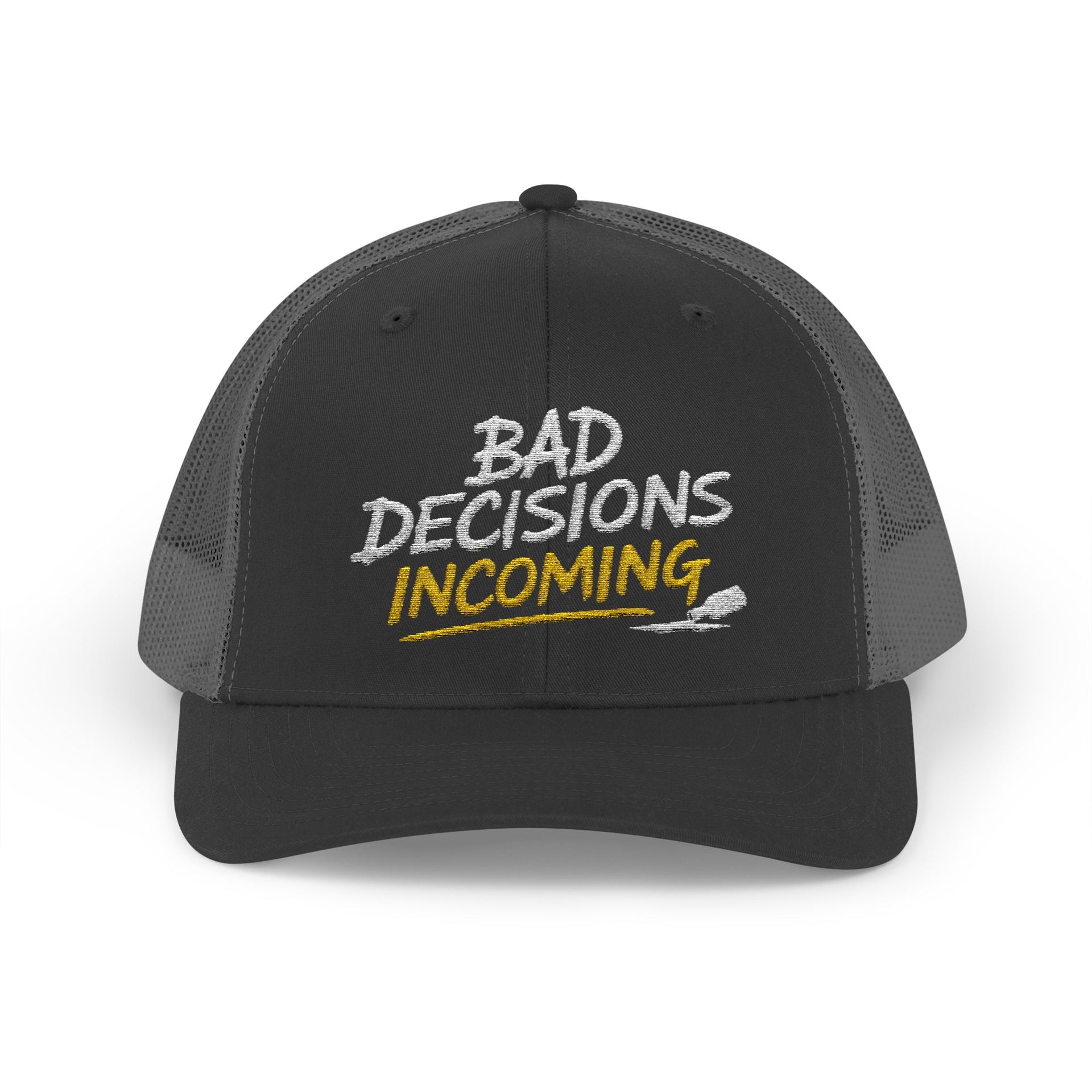 Woman wearing a black and charcoal curved trucker hat with embroidered text 'Bad Decisions Incoming'  funny Spring Break, Girls rips, Guys Trips, Beach Trips, Bachelor or Bachelorette design