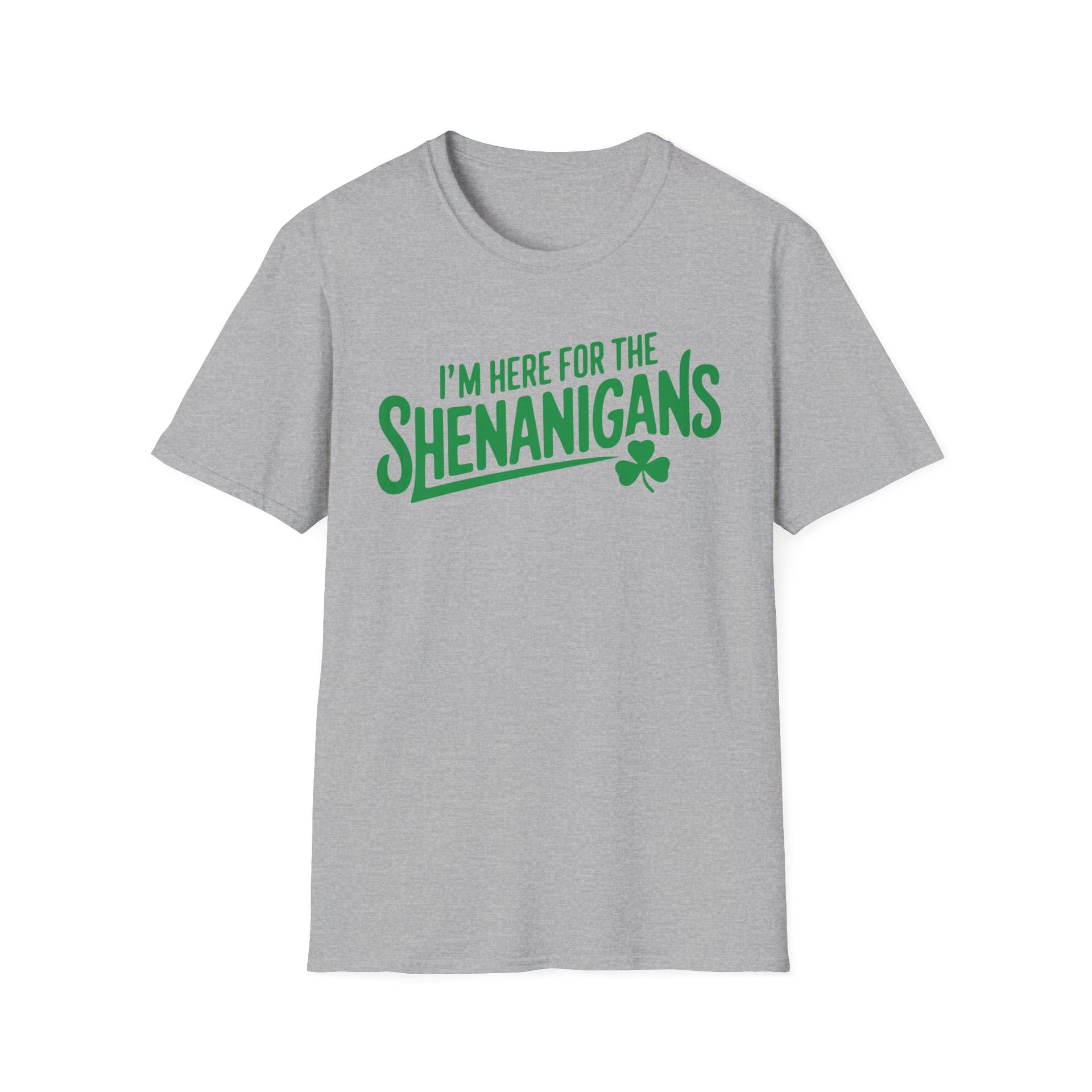 gray t-shirt with the phrase "I'm here for the shenanigans" funny st patricks day design