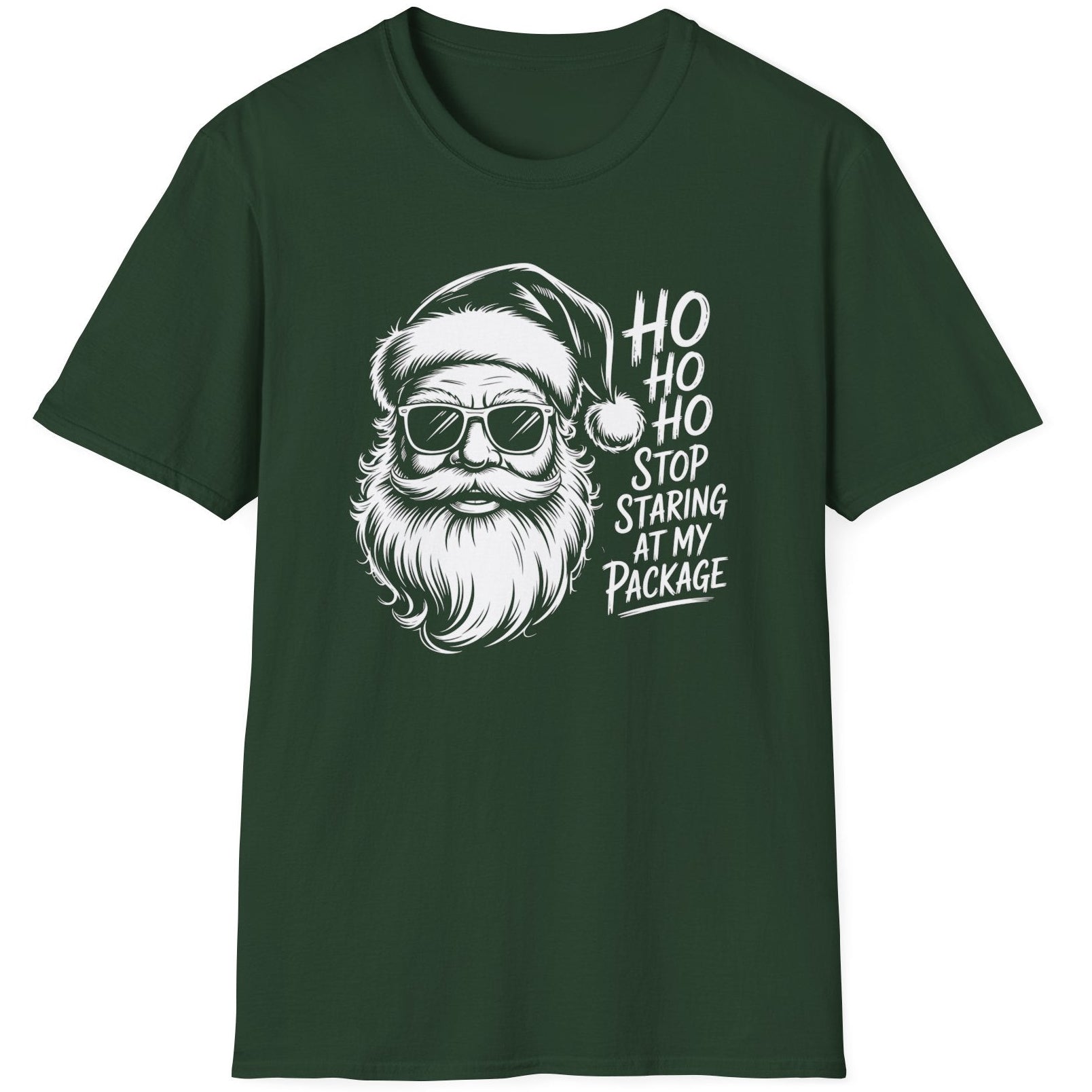 Funny Christmas Drinking  Short Sleeve Shirt with Santa drinking a cocktail and the text " Ho Ho Ho Stop Staring at my Package" - Military Green