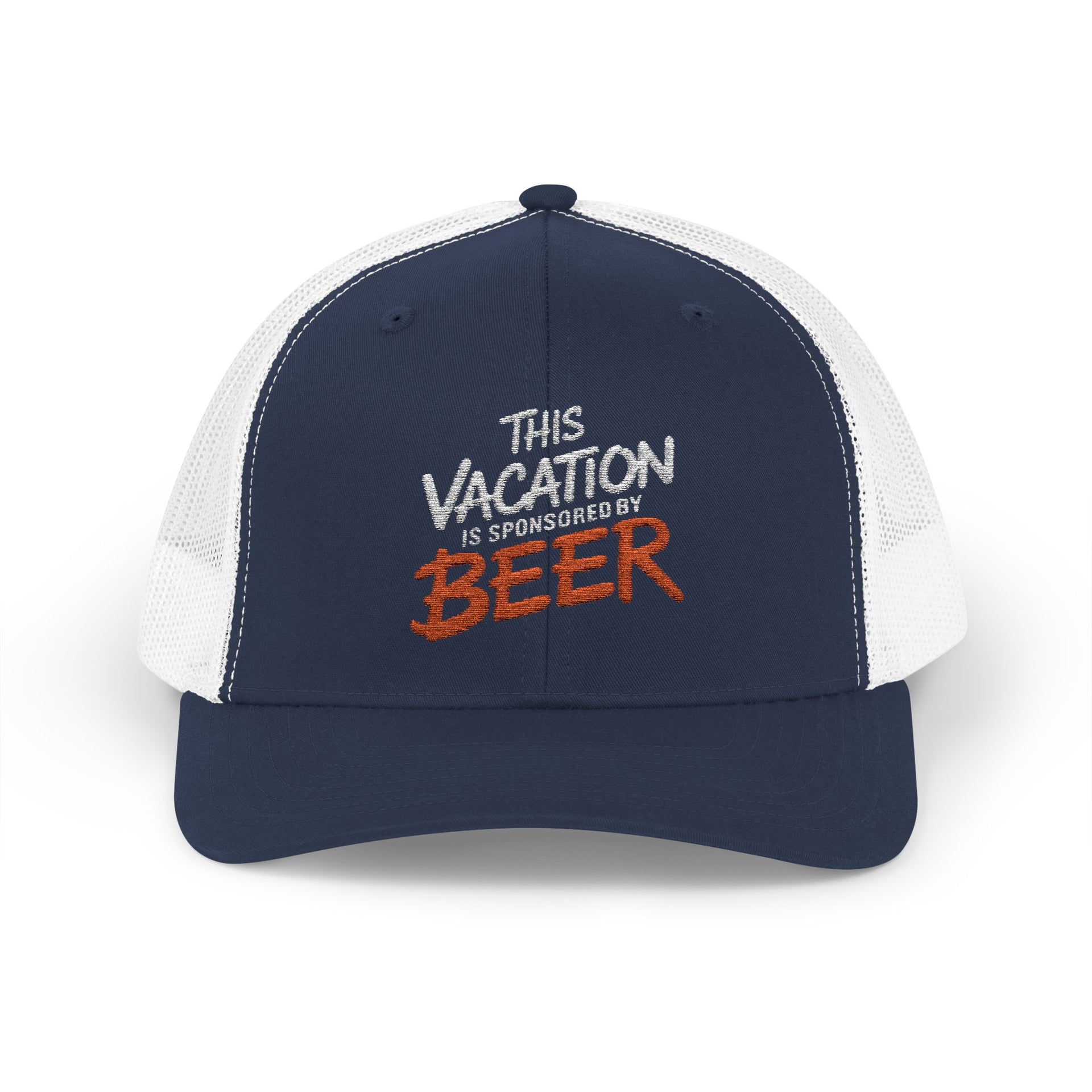 a navy and white embroidered trucker cap  with text 'This vacation is sponsored by beer' funny spring break, beach vacation, lake season design