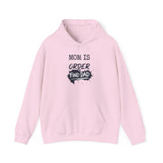 a pink hoodie with text 'Mom is out of order find dad' funny mother's day, mom life, girls trip design
