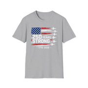 a gray t-shirt with an American flag design and '250 Years Strong' text patriotic fighter jet Meorial Day, 4th of July design