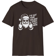 Black t-shirt with a graphic of Santa Claus and the text i've got your holiday spirit right here funny christmas sweater