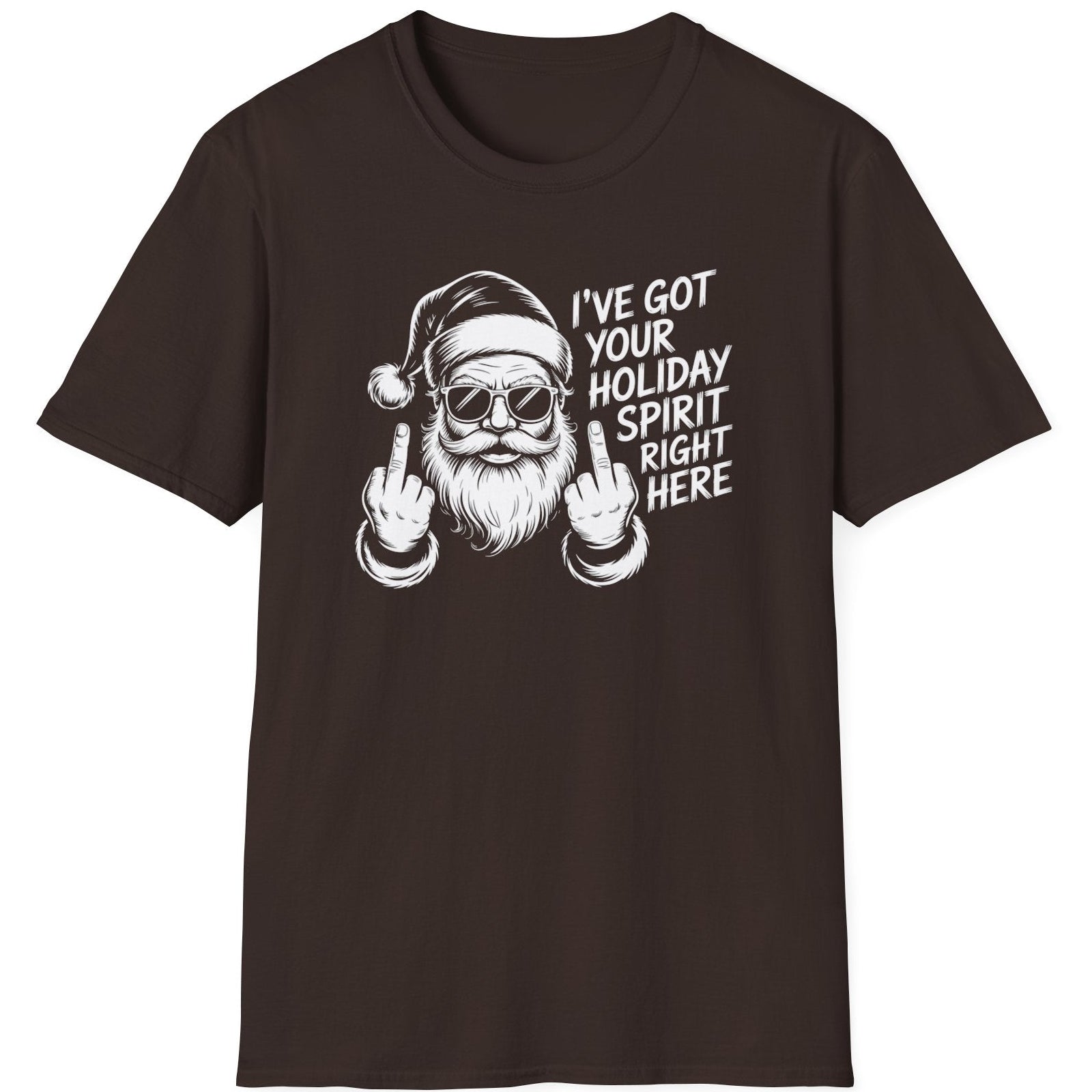 Black t-shirt with a graphic of Santa Claus and the text i've got your holiday spirit right here funny christmas sweater
