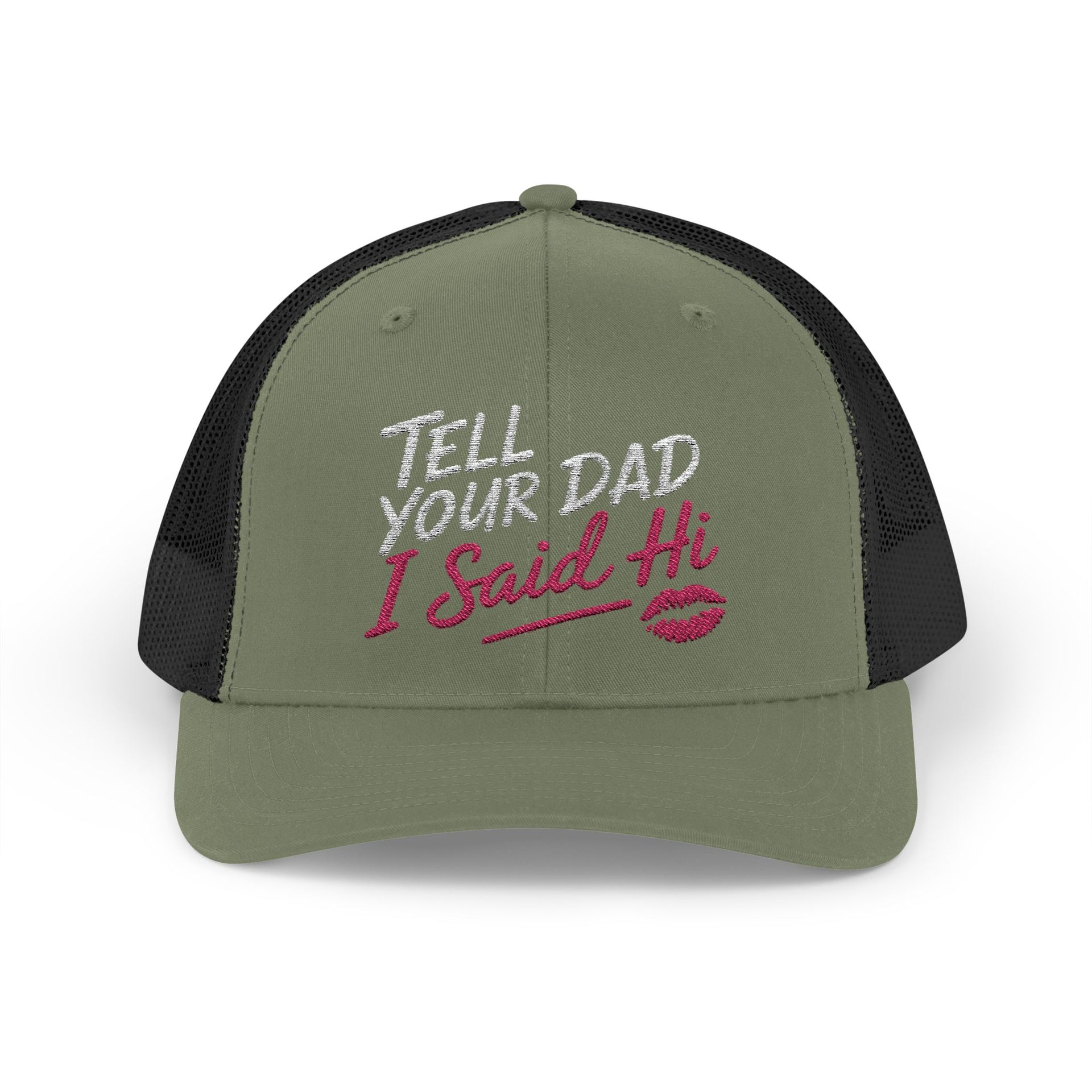 a green and black curved trucker hat with the phrase "Tell Your Dad I said Hi" and lipstick kiss mark funny Spring Break, Girls Trip, Bachelorette Party, Beach Trip, or Summer Vacation design