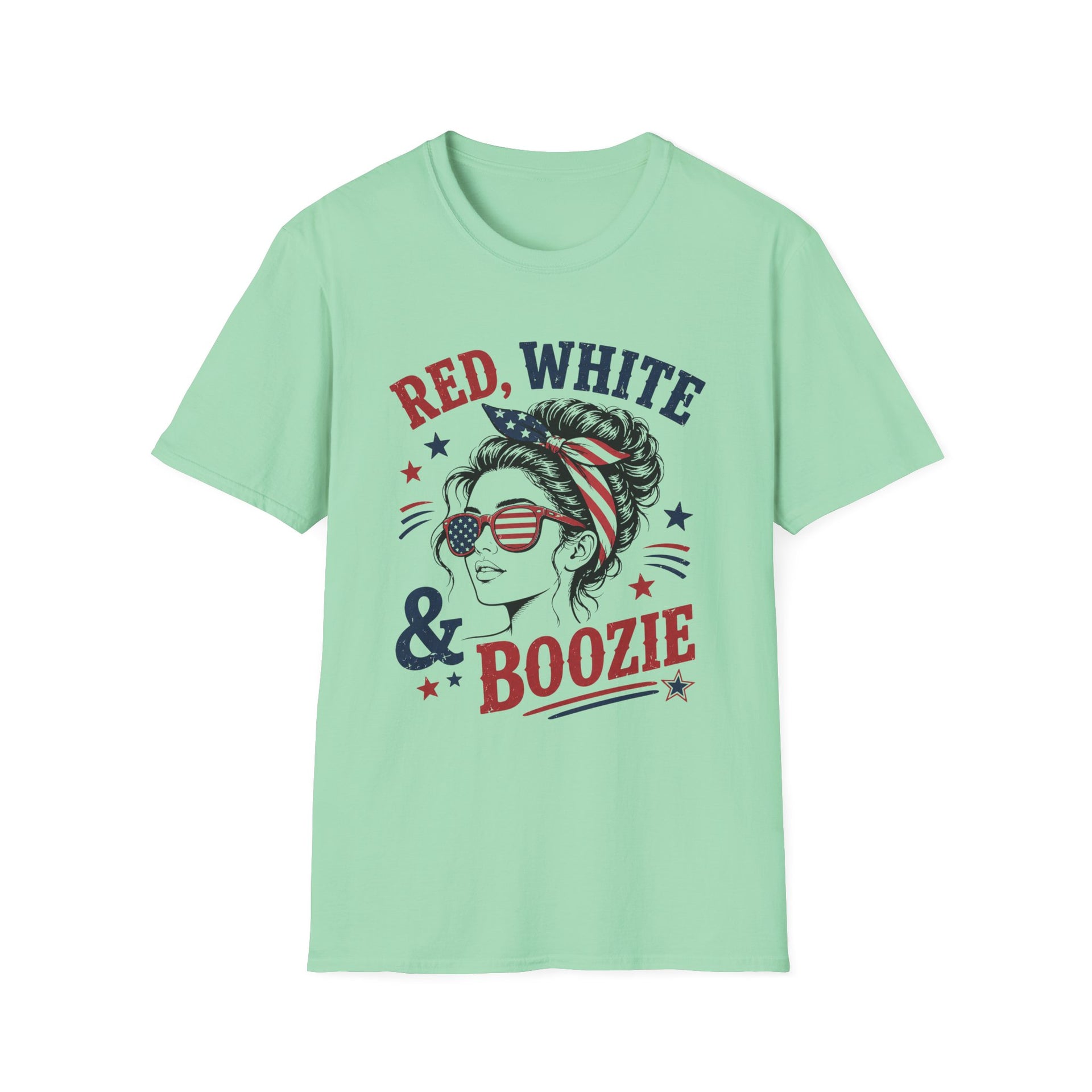 Red White & Boozie summer party tee with patriotic woman illustration