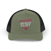 a green and black trucker hat with 'Certified Beach Flirt' text funny spring break, girls trip beach trip, bachelorette party design