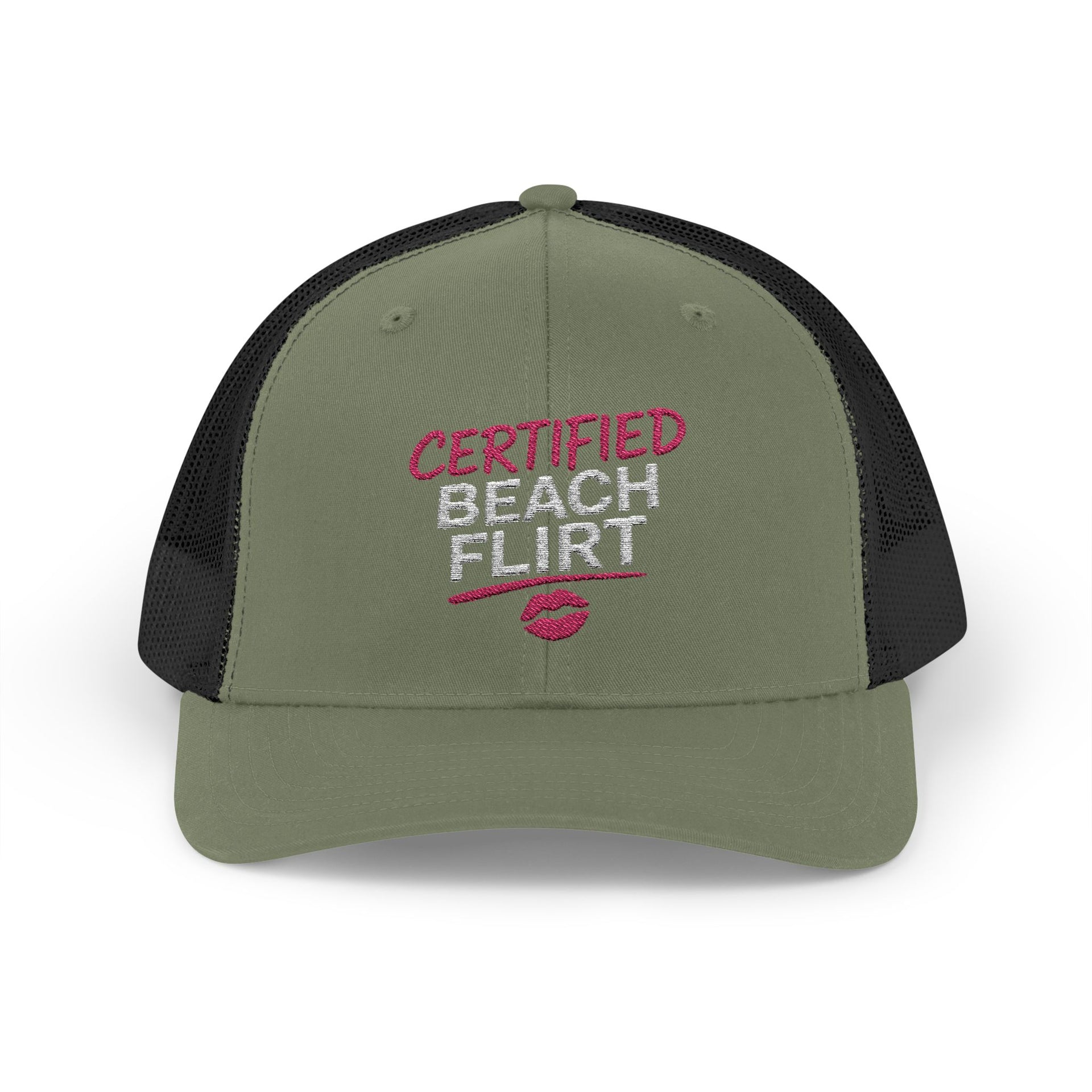 a green and black trucker hat with 'Certified Beach Flirt' text funny spring break, girls trip beach trip, bachelorette party design