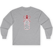 Gray long-sleeve shirt with a wine bottle graphic and text on a white background