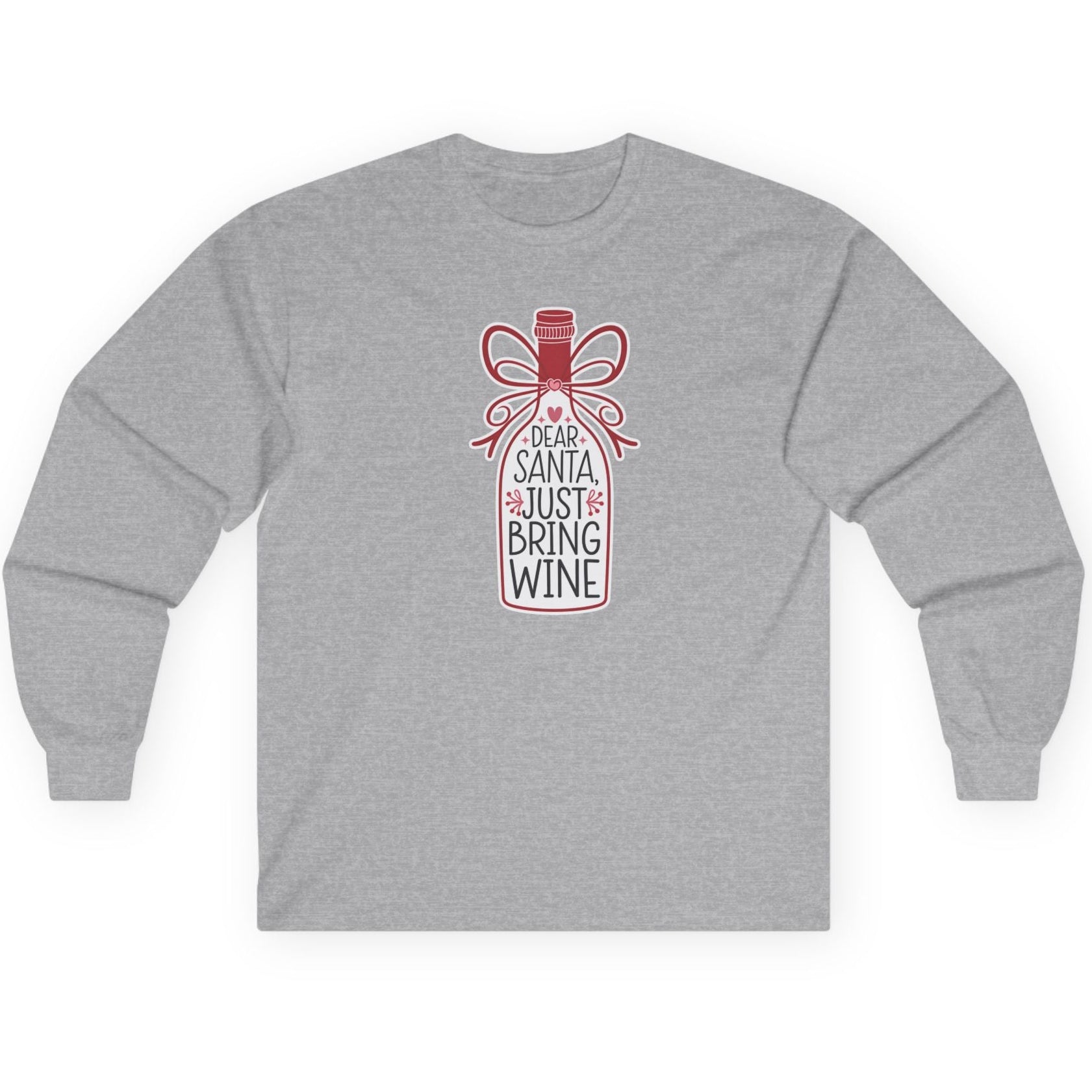 Gray long-sleeve shirt with a wine bottle graphic and text on a white background
