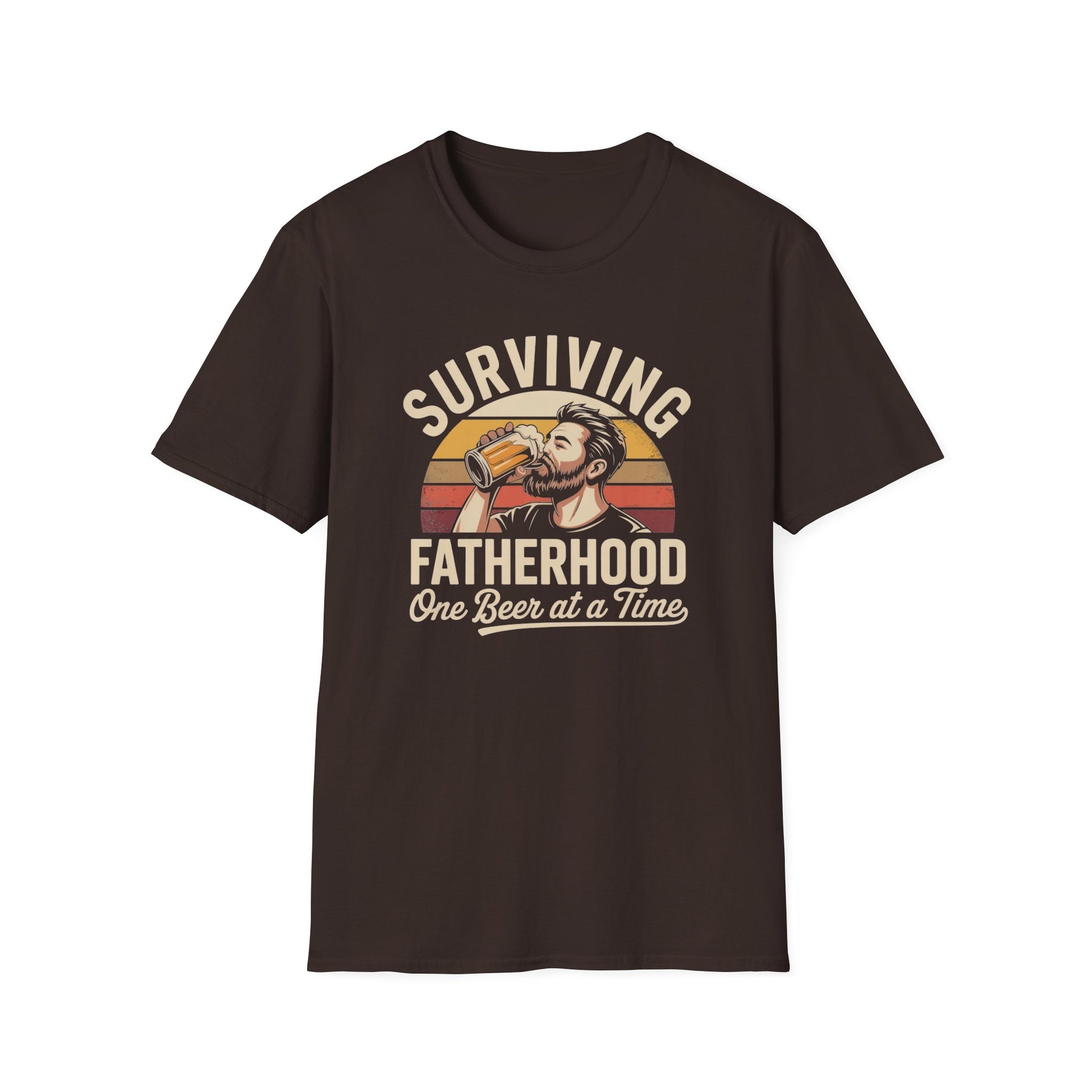 a funny brown t-shirt with the phrase 'Surviving Fatherhood One Beer at a Time" and a retro sunset graphic of a man drinking a beer funny father's day dad gift idea