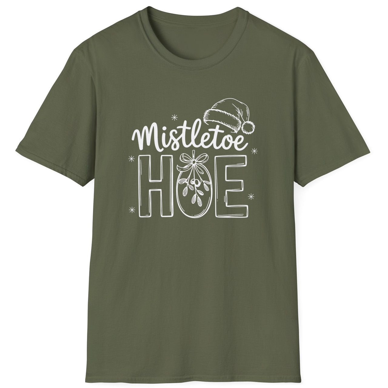 Funny Christmas Humor Short Sleeve Shirt with mistletoe and a santa hat and the text and the text "Mistletoe Hoe" - Military Green