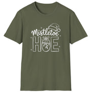 Funny Christmas Humor Short Sleeve Shirt with mistletoe and a santa hat and the text and the text "Mistletoe Hoe" - Military Green