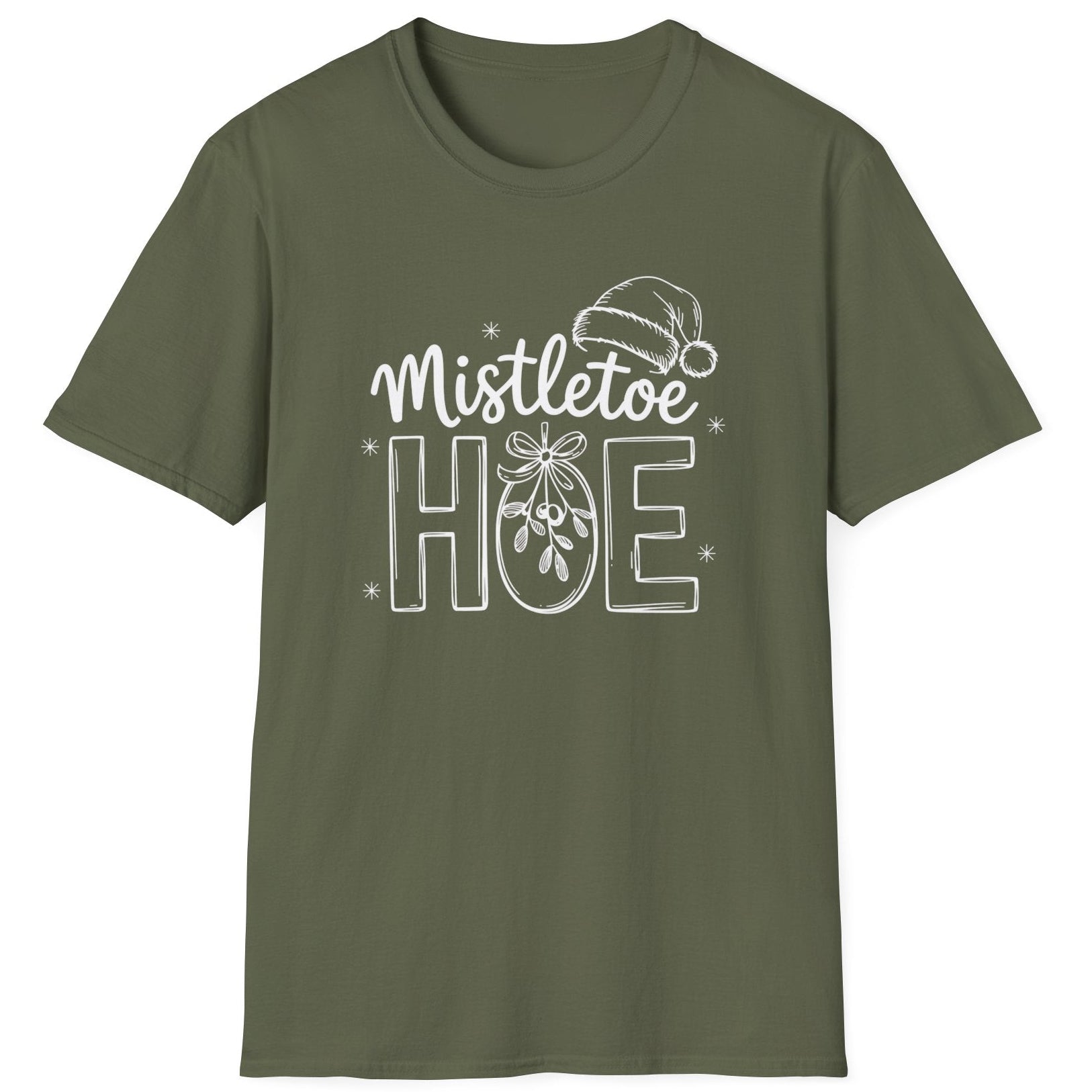 Funny Christmas Humor Short Sleeve Shirt with mistletoe and a santa hat and the text and the text "Mistletoe Hoe" - Military Green