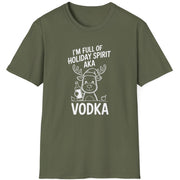 Greent-shirt with a reindeer graphic and the text i'm full of holiday spirit aka vodka funny christmas sweater