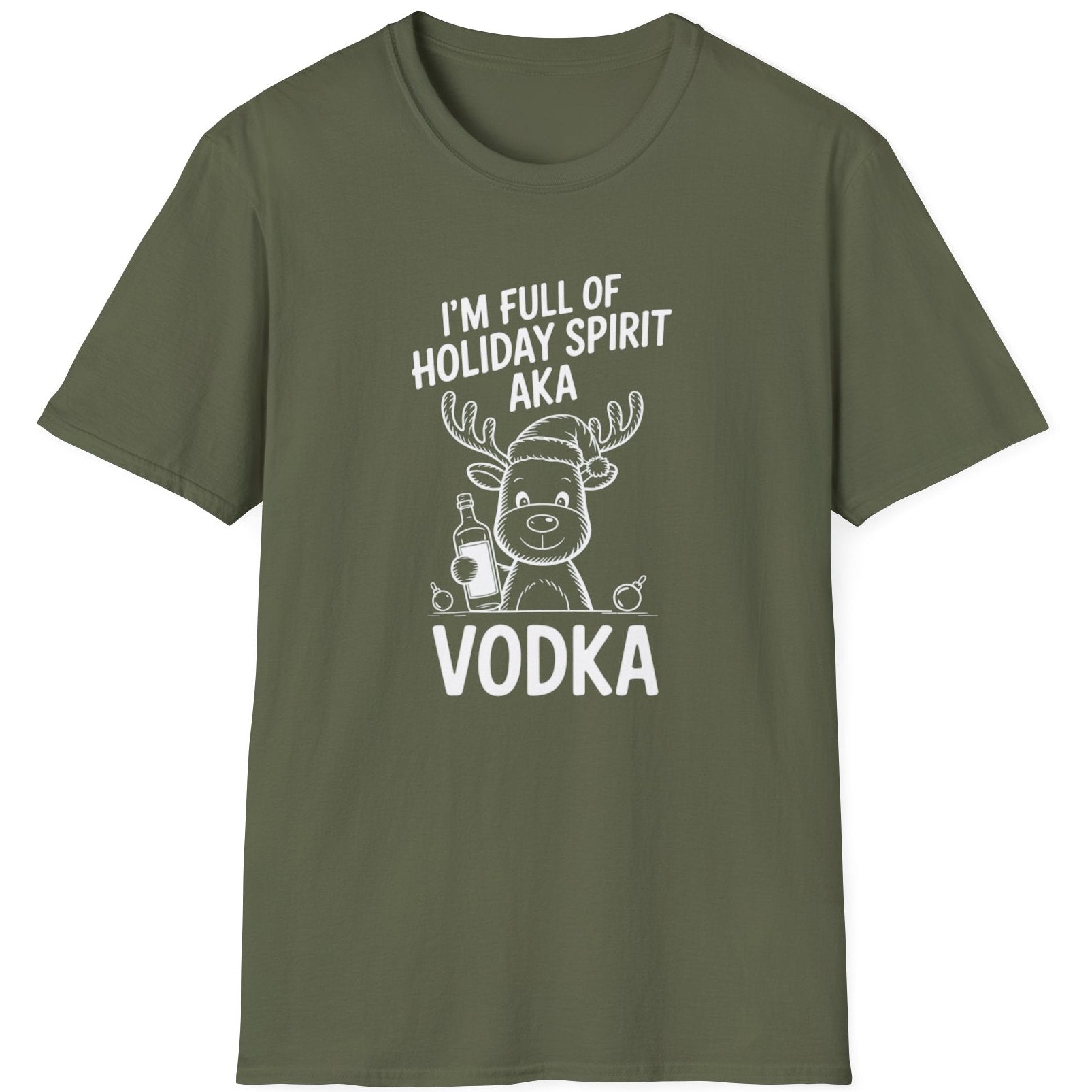Greent-shirt with a reindeer graphic and the text i'm full of holiday spirit aka vodka funny christmas sweater
