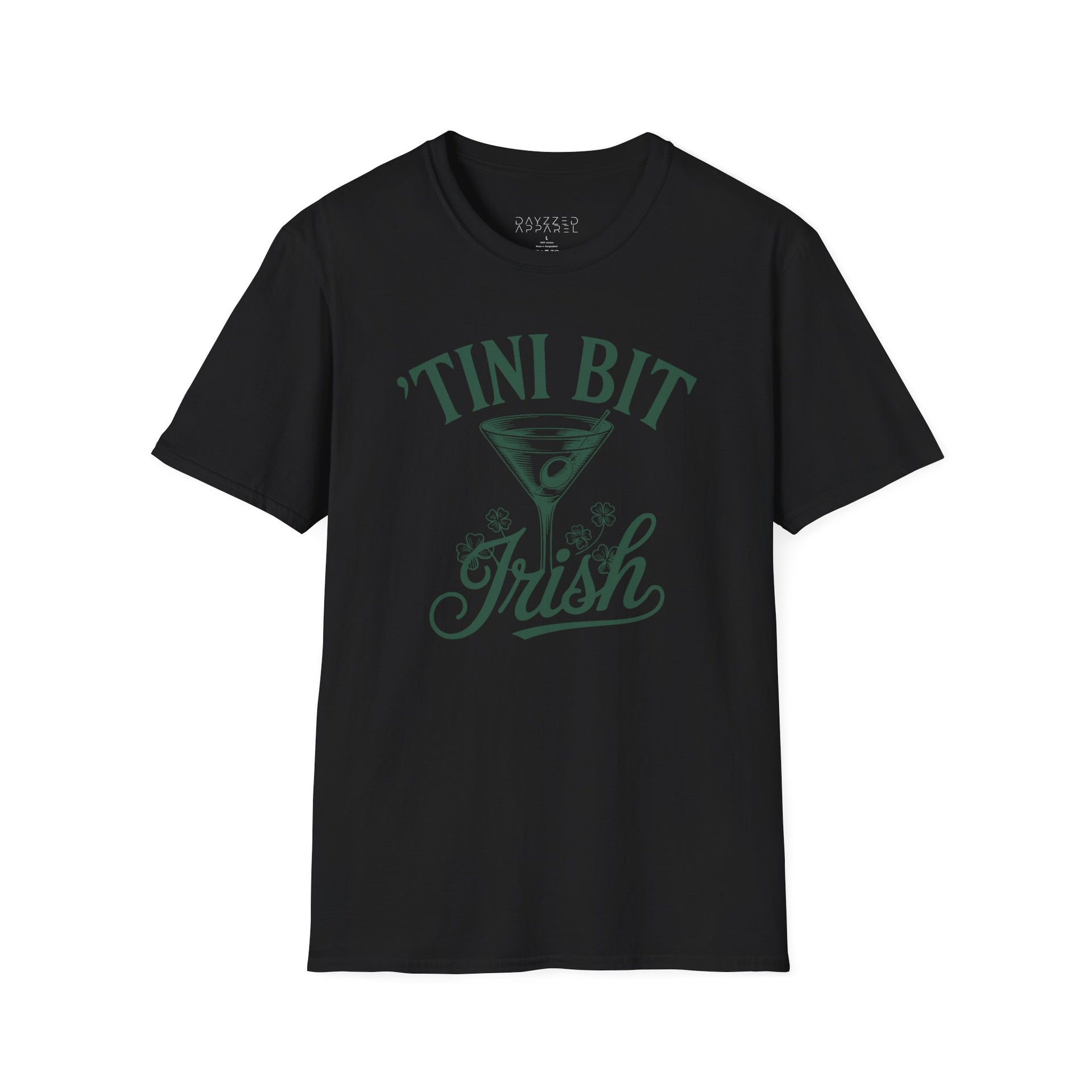 black t-shirt with 'Tini Bit Irish' graphic design funny st patricks day design