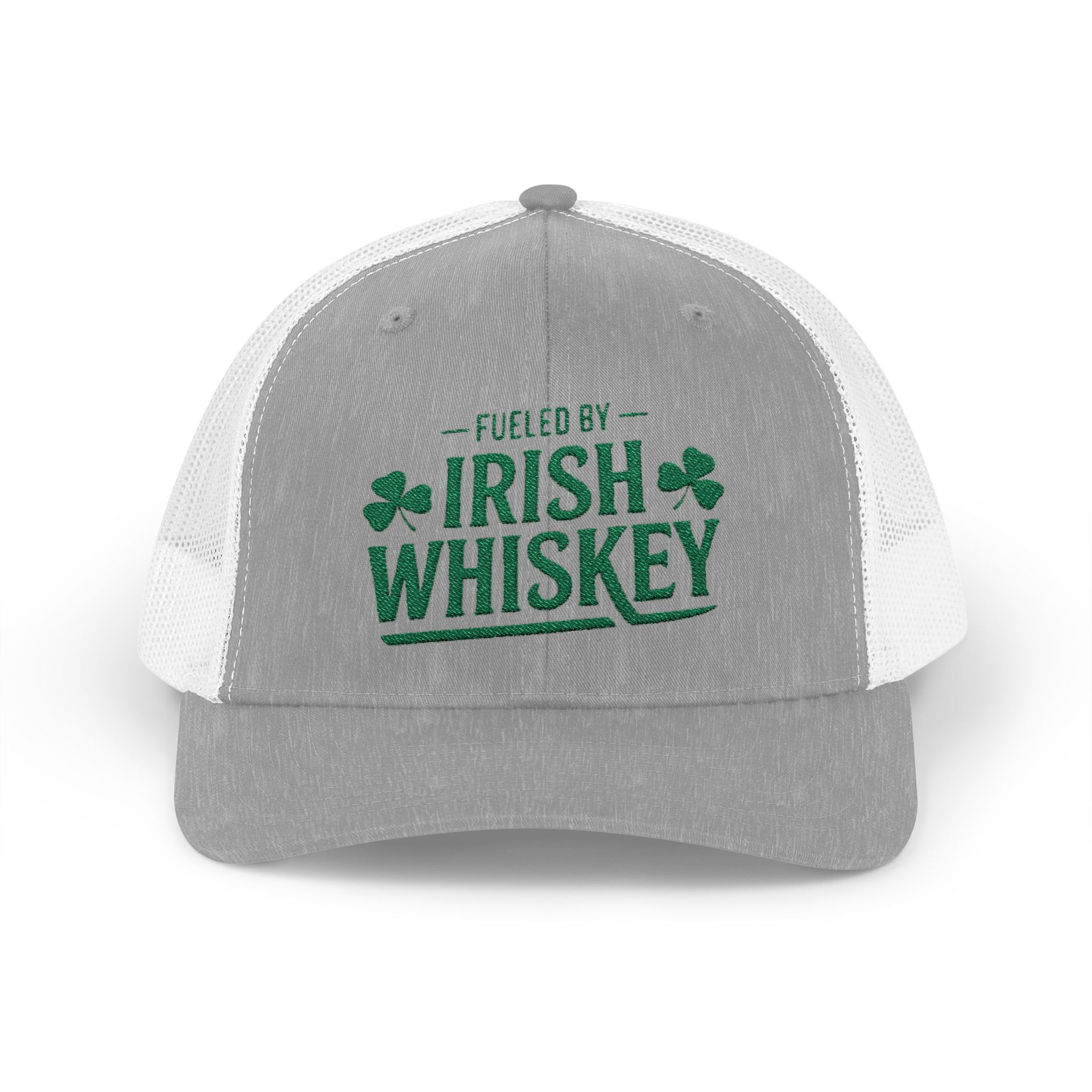 a gray and white curved trucker hat with the phrase 'Fueled by Irish Whiskey' funny St Patricks Day Pub crawl and parade design
