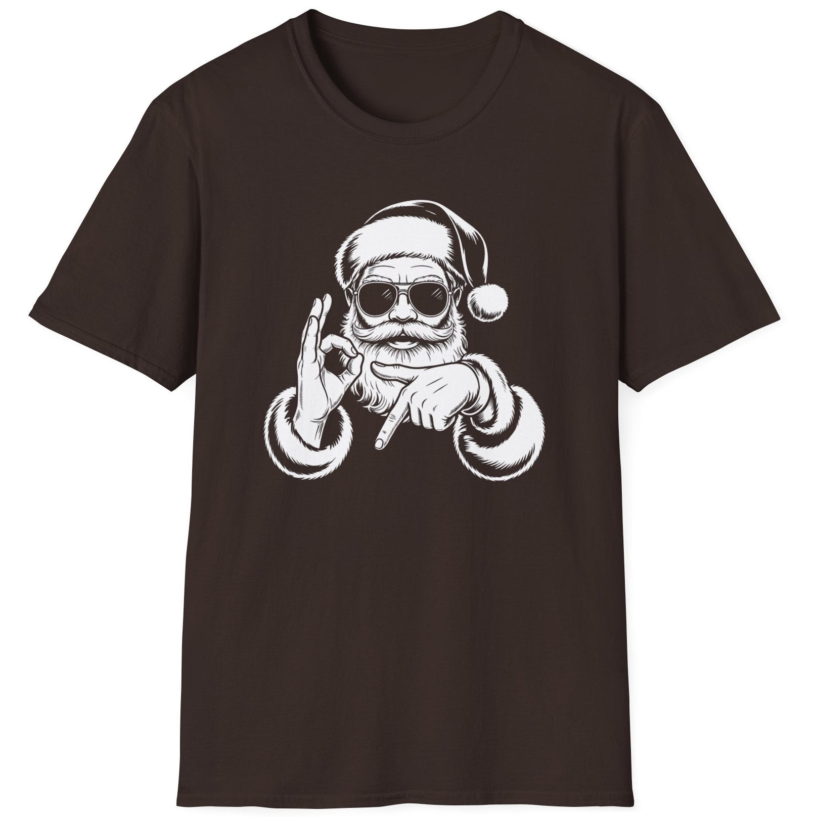 Funny 67 Meme Christmas Short Sleeve Shirt with Santa making the 67 hand Gesture - Dark Chocolate