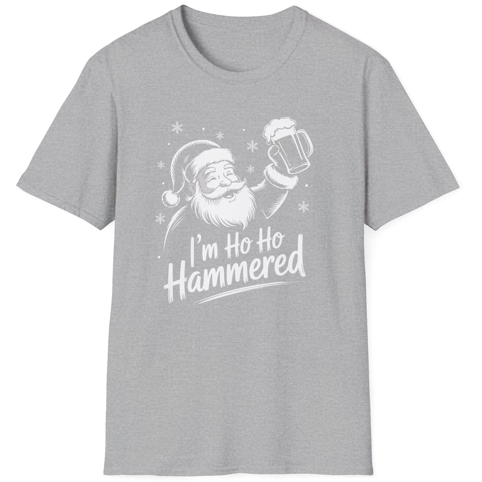 Funny Christmas Drinking Humor Short Sleeve Shirt with Santa holding a beer mug and the text and the text "I'm Ho Ho Hammered" - Sport grey