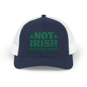 a navy and white curved bill trucker hat with 'Not Irish (not either other)' text funny St Patricks Day pub crawl design