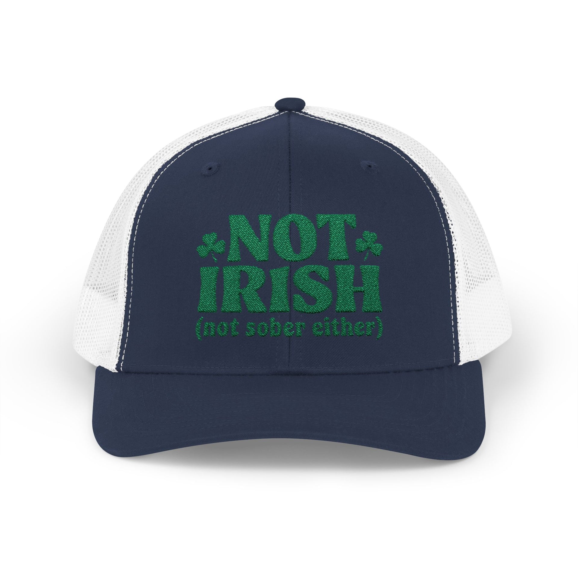 a navy and white curved bill trucker hat with 'Not Irish (not either other)' text funny St Patricks Day pub crawl design