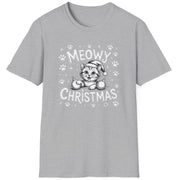 Cute Christmas Cat Short Sleeve Shirt with a kitten playing with ornaments and the text "Meowy Christmas" - Sport Grey