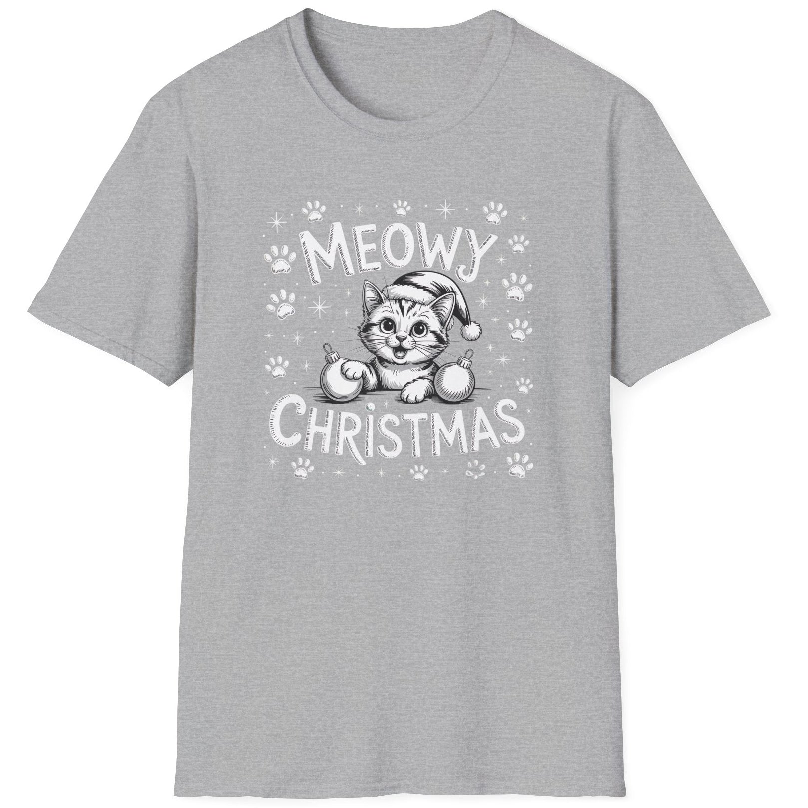 Cute Christmas Cat Short Sleeve Shirt with a kitten playing with ornaments and the text "Meowy Christmas" - Sport Grey