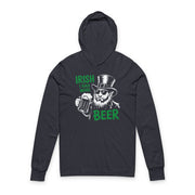 a navy lightweight hoodie with a leprechaun graphic and the phrase irish I had More Beer funny St Patricks Day pub crawl and Parade design