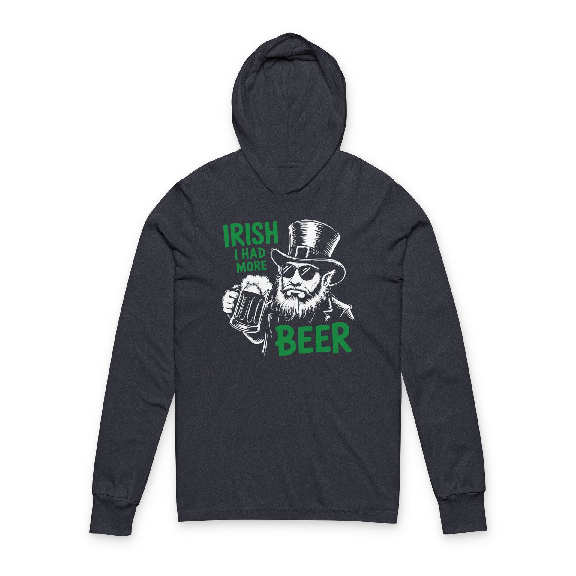 a navy lightweight hoodie with a leprechaun graphic and the phrase irish I had More Beer funny St Patricks Day pub crawl and Parade design