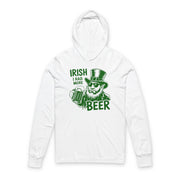 a white lightweight hoodie with a leprechaun graphic and the phrase irish I had More Beer funny St Patricks Day pub crawl and Parade design