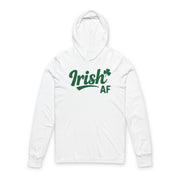 white lightweight hoodie with the phrase "Irish AF" funny St Patricks Design