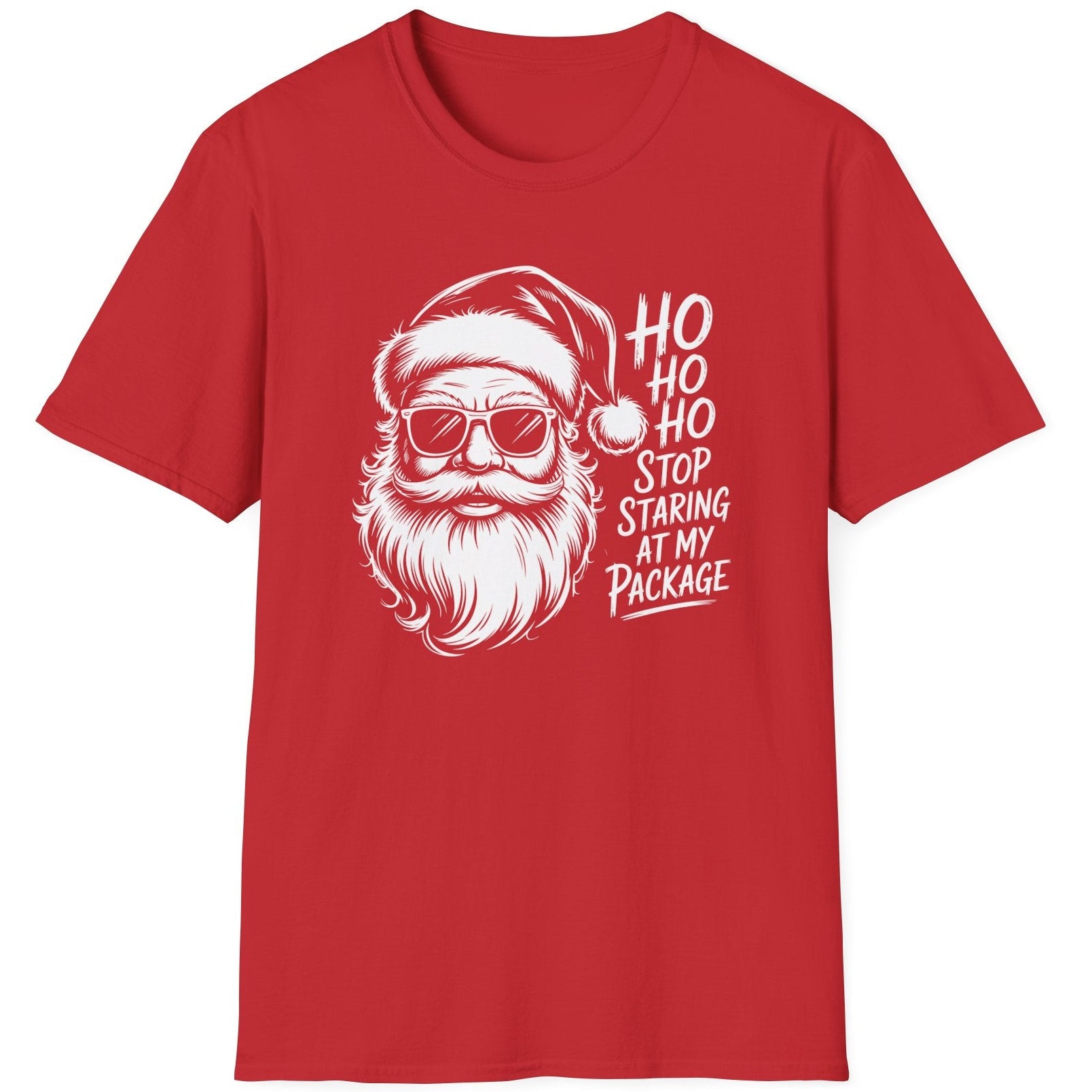 Funny Christmas Drinking  Short Sleeve Shirt with Santa drinking a cocktail and the text " Ho Ho Ho Stop Staring at my Package" - Red