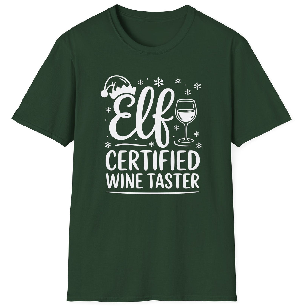 Funny Christmas Humor Short Sleeve Shirt with wine glass and elf hat and the text and the text Elf Certified Wine Taster - Forest Green