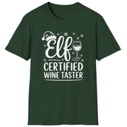 Funny Christmas Humor Short Sleeve Shirt with wine glass and elf hat and the text and the text Elf Certified Wine Taster - Forest Green