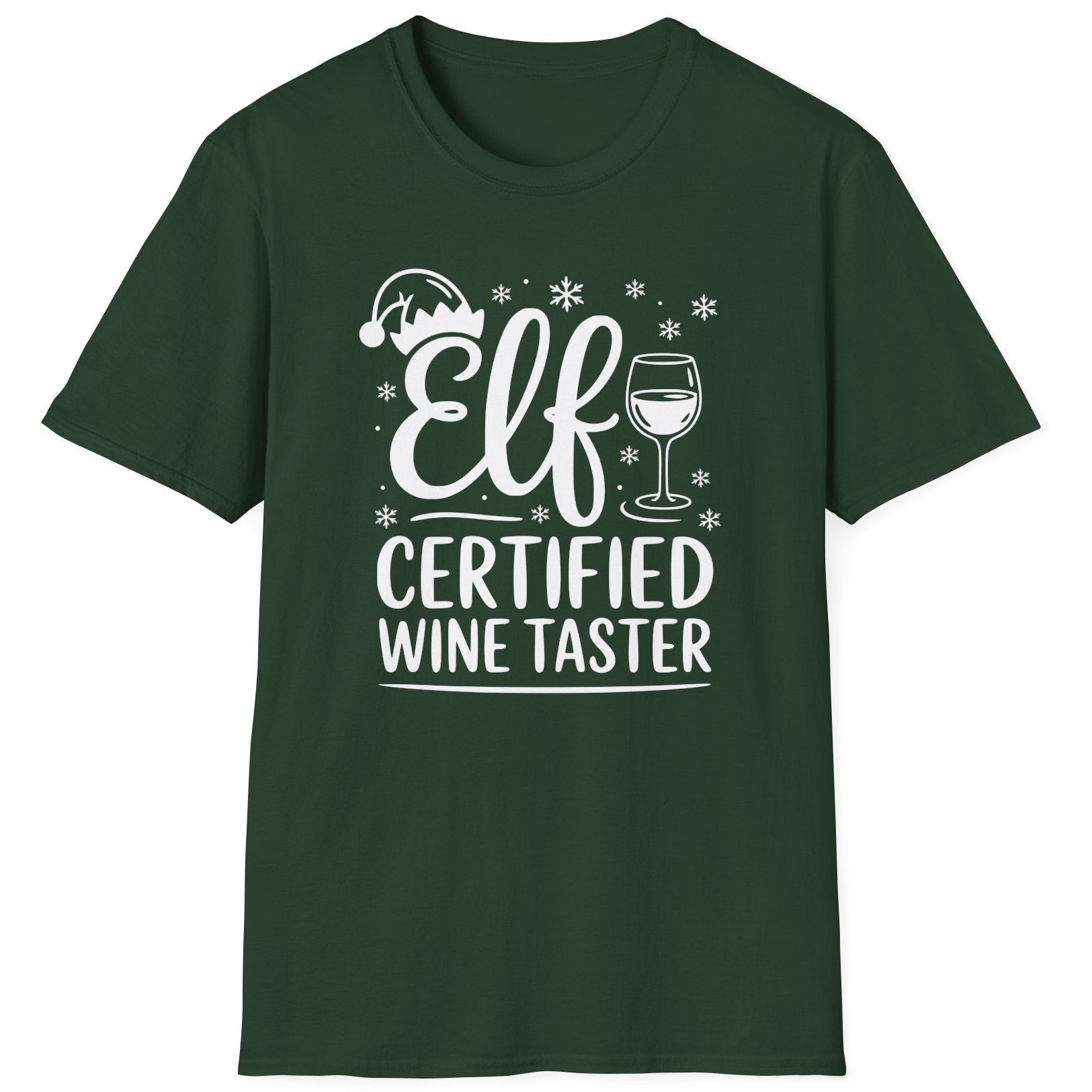 Funny Christmas Humor Short Sleeve Shirt with wine glass and elf hat and the text and the text Elf Certified Wine Taster - Forest Green