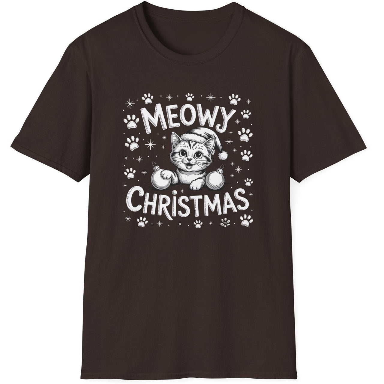 Cute Christmas Cat Short Sleeve Shirt with a kitten playing with ornaments and the text "Meowy Christmas" - Dark Chocolate