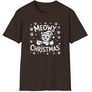 Cute Christmas Cat Short Sleeve Shirt with a kitten playing with ornaments and the text "Meowy Christmas" - Dark Chocolate
