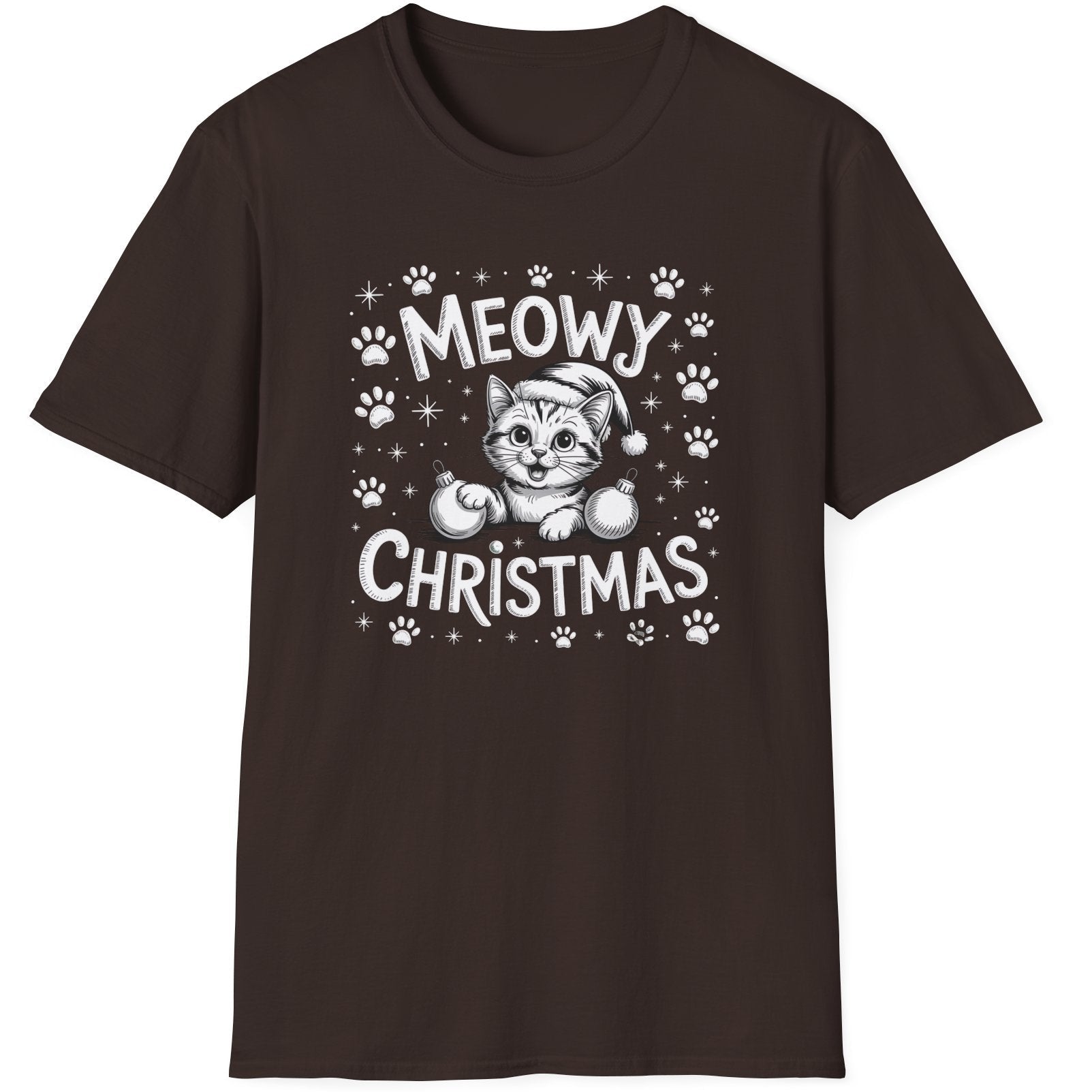 Cute Christmas Cat Short Sleeve Shirt with a kitten playing with ornaments and the text "Meowy Christmas" - Dark Chocolate
