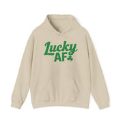beige hoodie with the phrase 'Lucky AF' funny St Patricks Day design