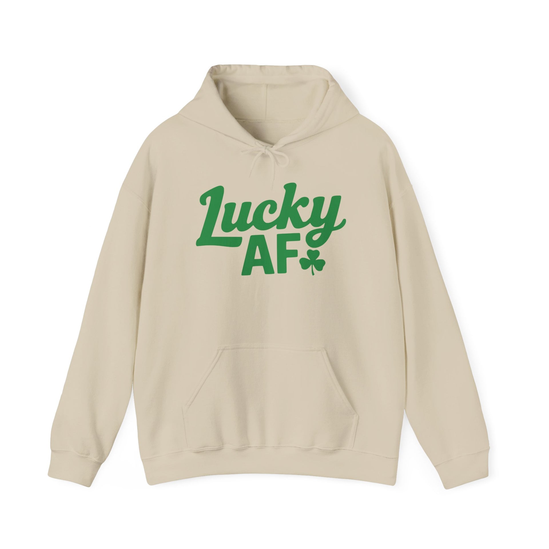beige hoodie with the phrase 'Lucky AF' funny St Patricks Day design