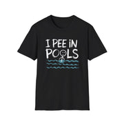 Black t-shirt with 'I Pee in Pools' text and graphic on a white background