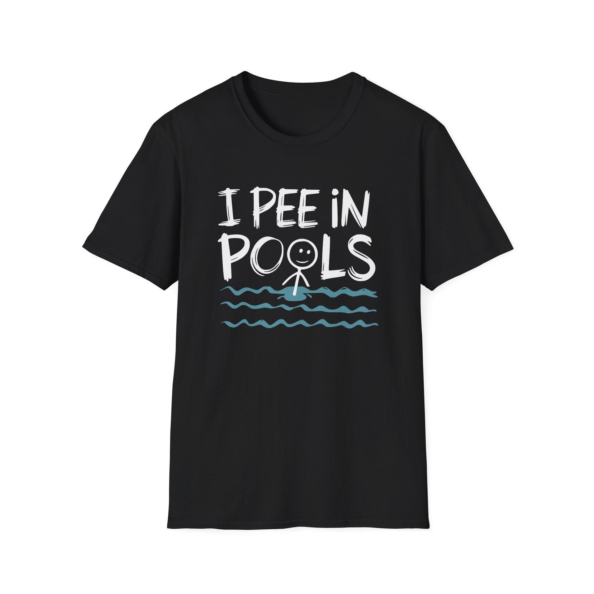 Black t-shirt with 'I Pee in Pools' text and graphic on a white background