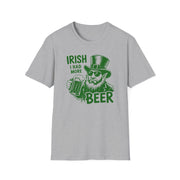 a gray t-shirt with 'Irish I had more beer' graphic design funny St Patricks Day pub crawl and parade design