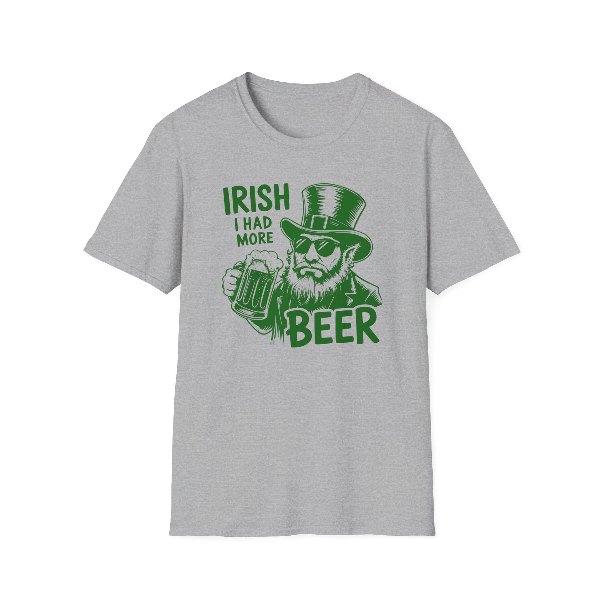 a gray t-shirt with 'Irish I had more beer' graphic design funny St Patricks Day pub crawl and parade design
