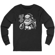 Black long-sleeve shirt with a graphic of Santa Claus holding a beer and the text cant have christmas cheer without christmas beer