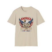 A beige T-shirt with an eagle graphic and '250 Years Strong' text, patriotic 4th of July, America 250 design