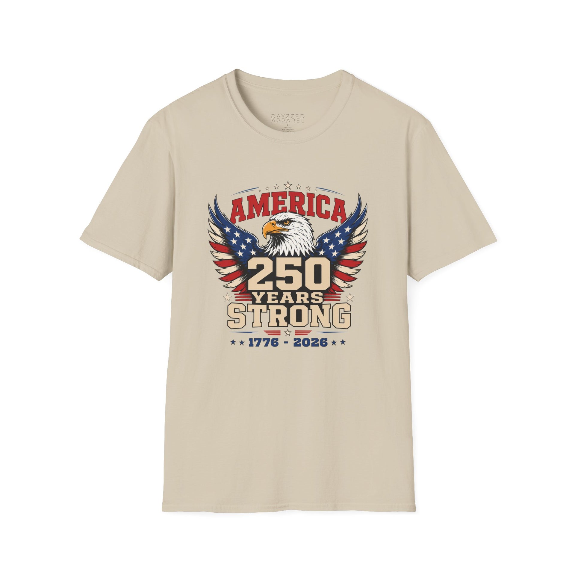 A beige T-shirt with an eagle graphic and '250 Years Strong' text, patriotic 4th of July, America 250 design