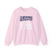 a pink sweatshirt with the phrase 'Surviving Motherhood One Glass of Wine at a Time' funny mother's day, mom life, girls trip design